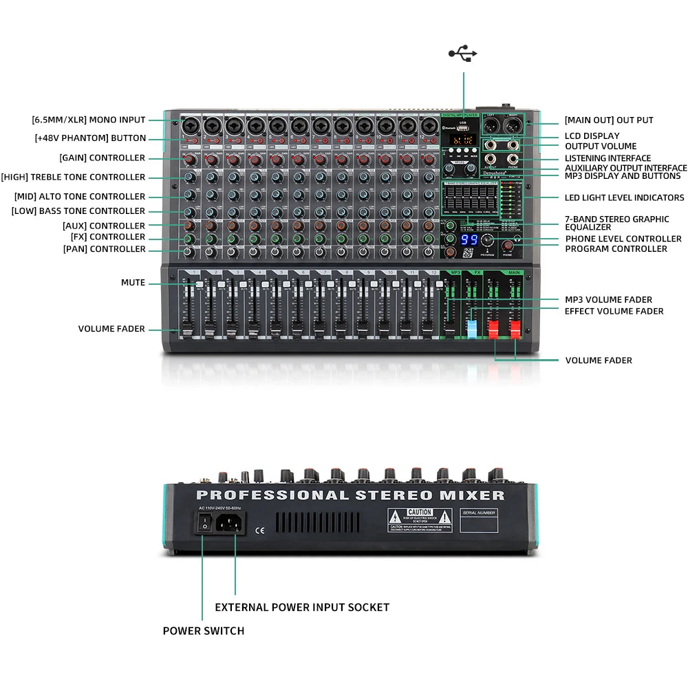 Professional 12-Channel Audio Mixer 